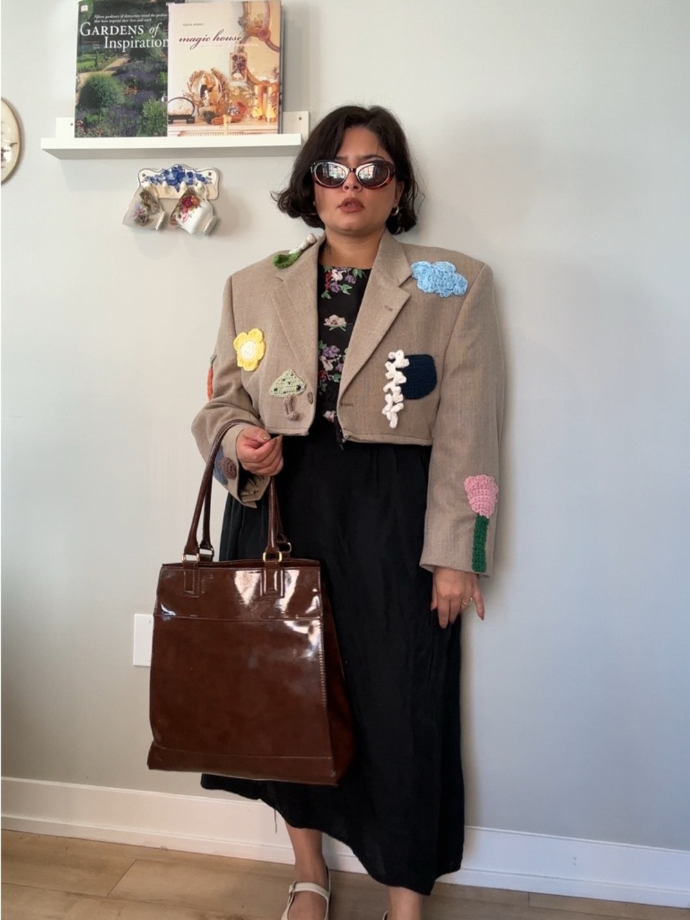 Womens Beige Cropped Patchwork Blazer Jacket